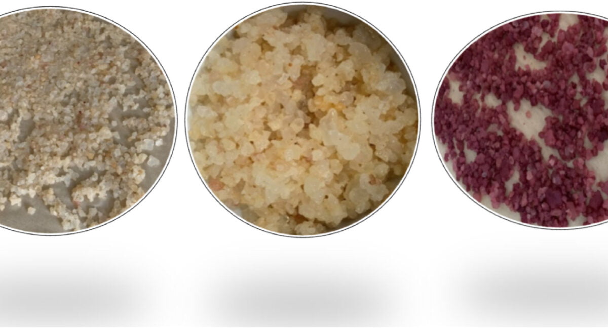 Fig. 1. Water kefir grains. A: Dried water kefir grain, B: Water kefir grains used for the production of apples-based water kefir, C: Dried water kefir grains used for the production of Aronia melanocarpa juice-based water kefir (own pictures).
