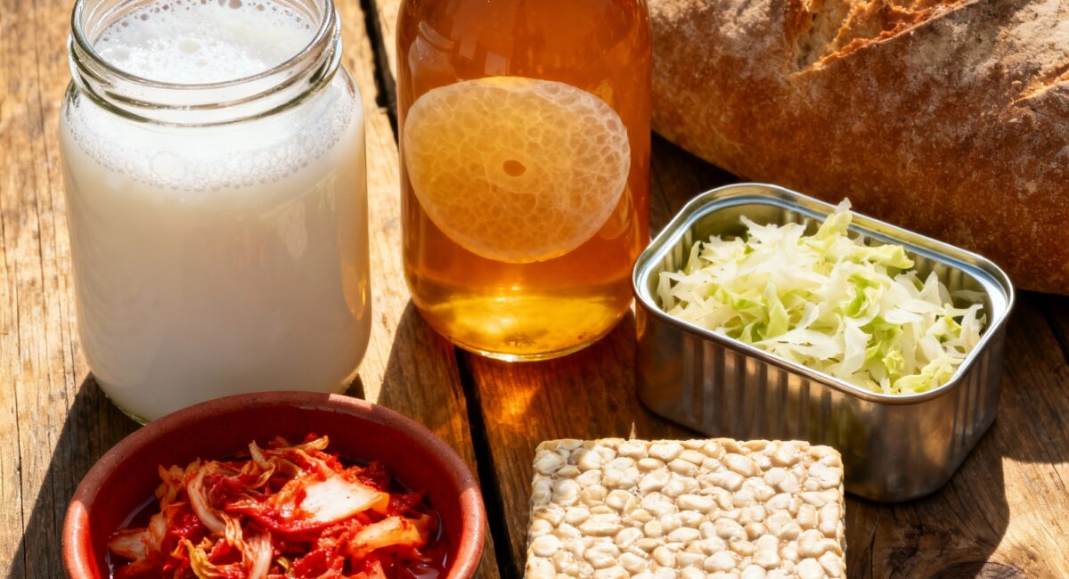 Assortment of fermented foods: kefir, kombucha, kimchi, sauerkraut, tempeh, and bread on a wooden table.
